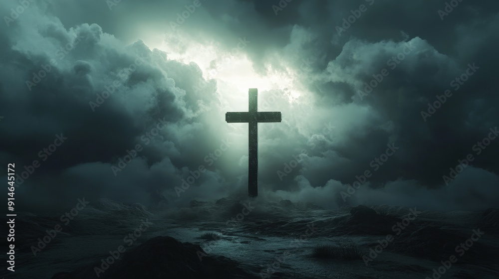 Cross Illuminated by a Shaft of Light Breaking Through Stormy Clouds Over the Ocean