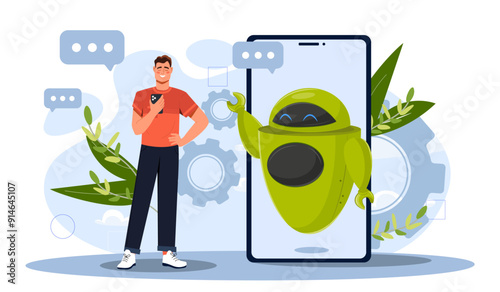 Virtual assistant mobile. Man near smartphone with Internet bot. Artificial intelligence and machine learning. Guy with online helper. Flat vector illustration isolated on white background