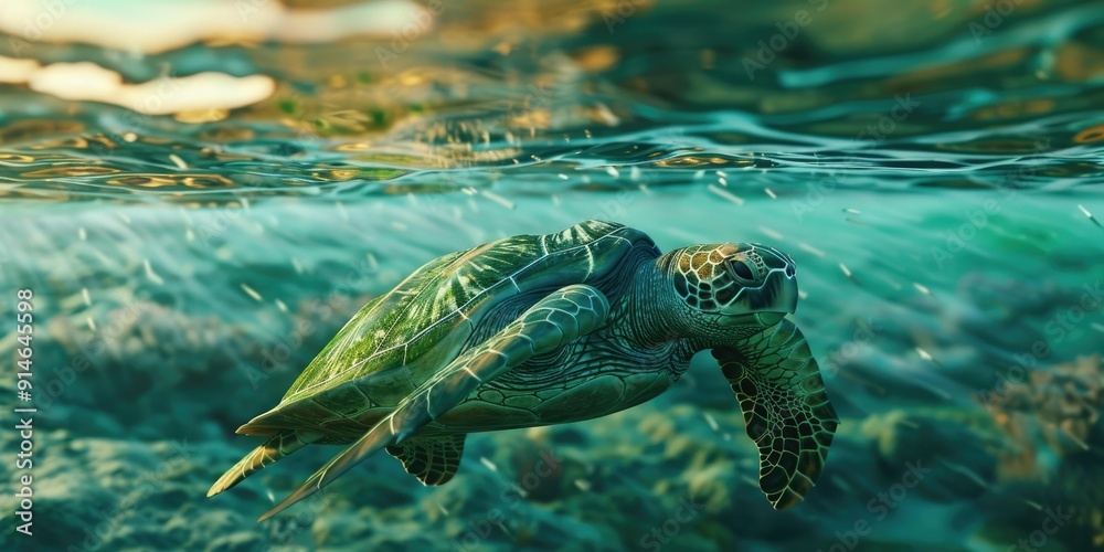 Fototapeta premium A green sea turtle swims in the ocean.