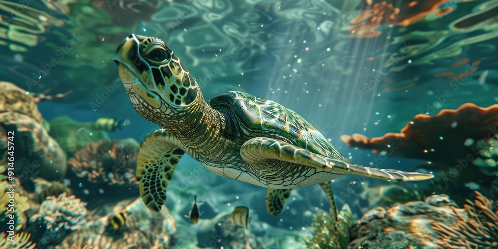 Fototapeta premium Sea turtle swims through underwater coral reef.