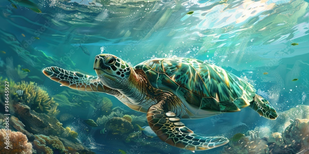 Fototapeta premium Sea turtle swimming through coral reef.