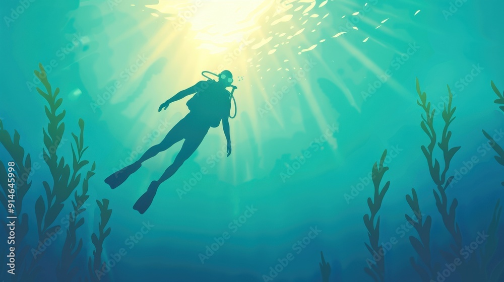 A underwater scene featuring a diver exploring vibrant marine life and kelp under sunlit waters. A underwater scene featuring a diver exploring vibrant marine life and kelp under sunlit waters.