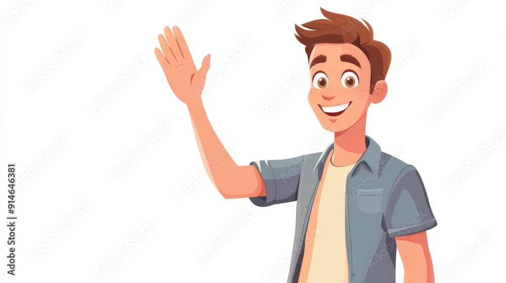 Joyful cartoon young adult man giving a high five on a white background Joyful cartoon young adult man giving a high five on a white background