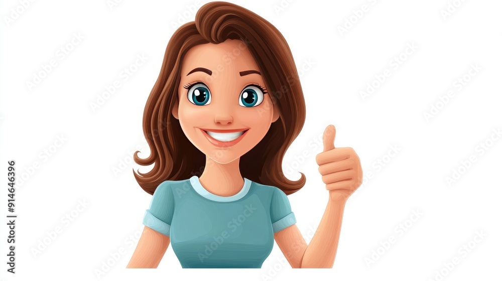 Joyful cartoon young adult woman giving a thumbs up on a white background Joyful cartoon young adult woman giving a thumbs up on a white background