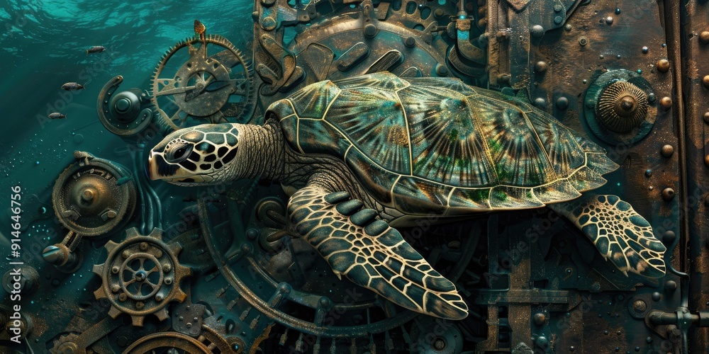 Sea turtle swims through underwater machinery. Sea turtle swims through underwater machinery.