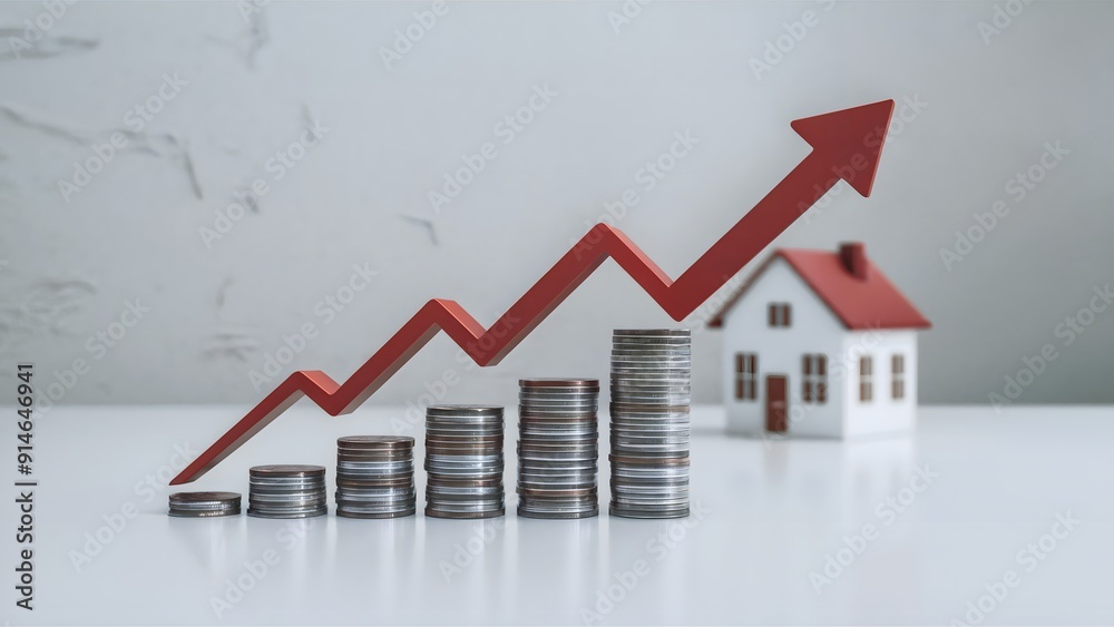Illustrative Growth in Real Estate Investments with Rising Coin Stacks and Arrow Illustrative Growth in Real Estate Investments with Rising Coin Stacks and Arrow