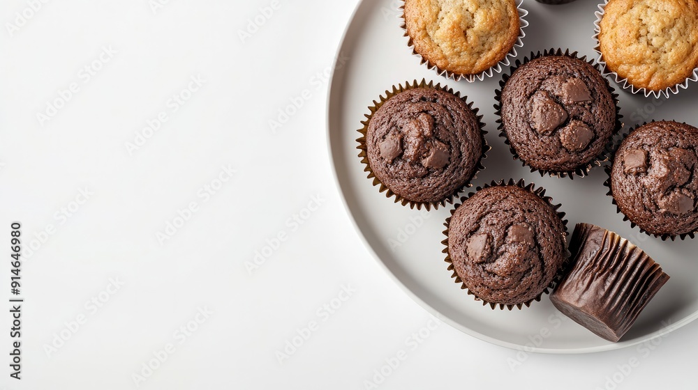 Muffins viewed from above on a plate. White background. Concept of homemade baking. Muffins arranged singly on a dish. Muffins viewed from above on a plate. White background. Concept of homemade baking. Muffins arranged singly on a dish.