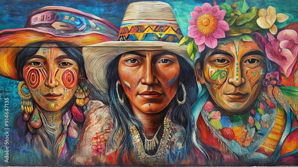 Vibrant mural depicting three indigenous individuals adorned with traditional attire and ceremonial face paint, showcasing cultural pride. Vibrant mural depicting three indigenous individuals adorned with traditional attire and ceremonial face paint, showcasing cultural pride.