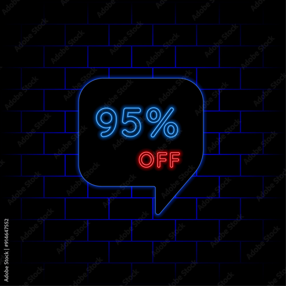 95% ninety five percent off neon letters. vector illustration. brick background. in blue and red colors. 95% ninety five percent off neon letters. vector illustration. brick background. in blue and red colors.