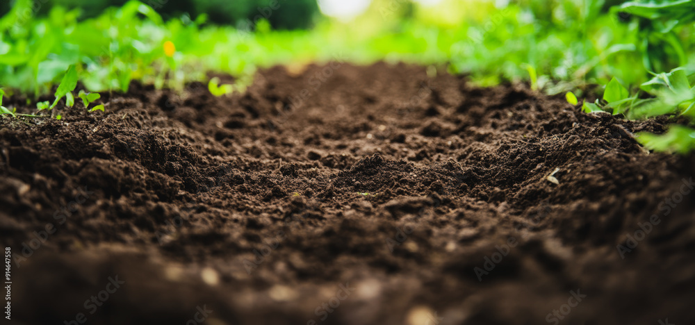 Freshly Tilled Soil Pathway in a Lush Garden During Late Morning Sunlight Freshly Tilled Soil Pathway in a Lush Garden During Late Morning Sunlight