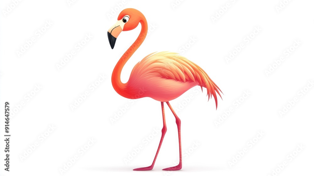 Fototapeta premium Cute cartoon flamingo standing on one leg on a white background