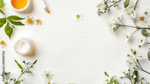 Spring skincare layout with natural beauty products on a white background with space for text.