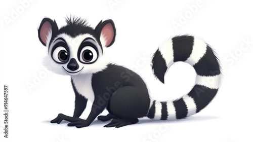 Cute cartoon lemur with a striped tail on a white background