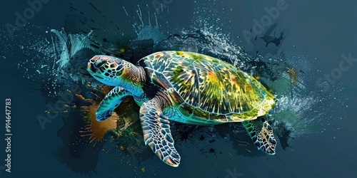 A colorful sea turtle swimming with splashes. photo