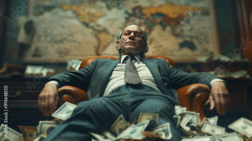 Wealthy Man Relaxing with Piles of Cash and Gold Coins, Luxury Lifestyle, Financial Success photo