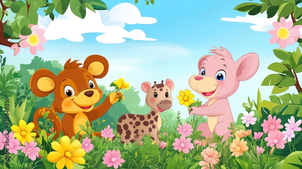 Naklejka premium Cartoon animal friends picking flowers in a colorful spring garden