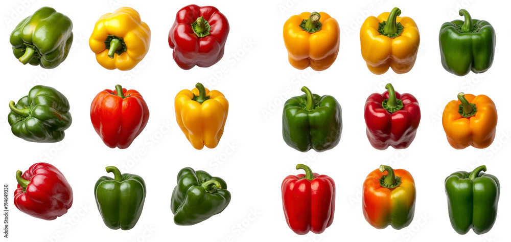 A row of peppers in various colors, including green, red, and yellow on a transparent background. A row of peppers in various colors, including green, red, and yellow on a transparent background.