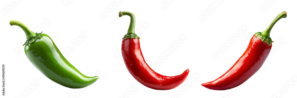 Three peppers are shown in a row, with one green and two red on a transparent background. Three peppers are shown in a row, with one green and two red on a transparent background.