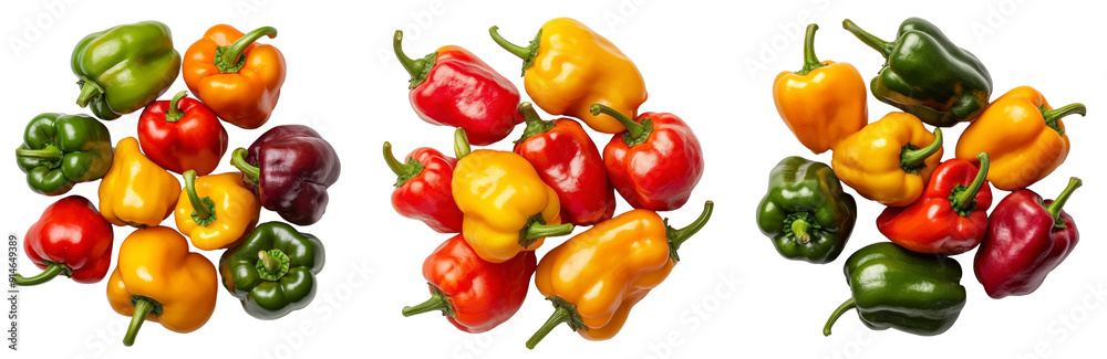 Three different colored peppers are piled on top of each other on a transparent background. Three different colored peppers are piled on top of each other on a transparent background.