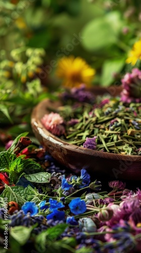 A bowl of herbs and flowers is spread out on a table