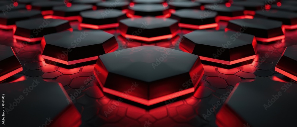 Fototapeta premium A close up of a black and red hexagon with a red light in the center