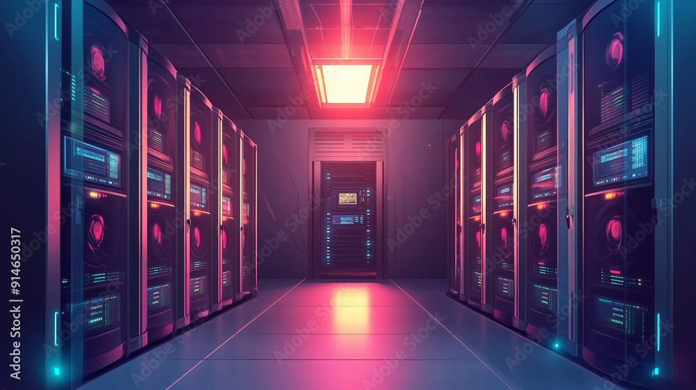 The server room, specially designed for network protection, contains racks of computers designed for cryptocurrency mining. The server room, specially designed for network protection, contains racks of computers designed for cryptocurrency mining.