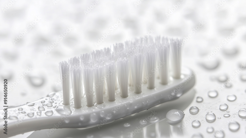 A white toothbrush with soft bristles, designed especially for sensitive teeth, lies on a white background, with visible water drops emphasizing its freshness. A white toothbrush with soft bristles, designed especially for sensitive teeth, lies on a white background, with visible water drops emphasizing its freshness.