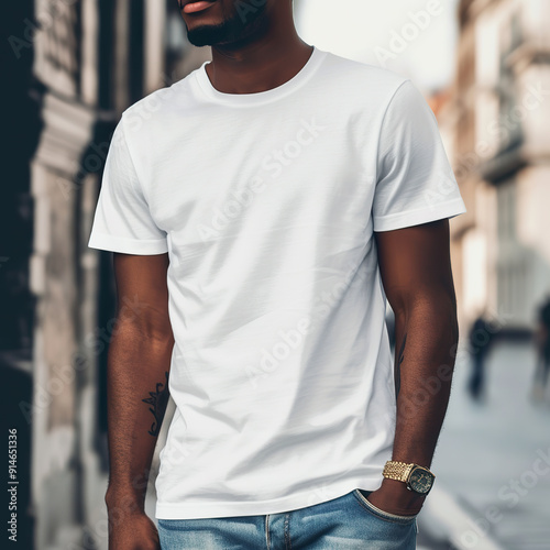 A Man in a White T-Shirt and Jeans with a Gold Watch.