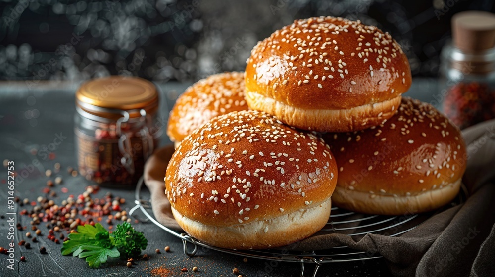 A wire rack holds a pile of buns near a jar of mustard and fresh parsley A wire rack holds a pile of buns near a jar of mustard and fresh parsley
