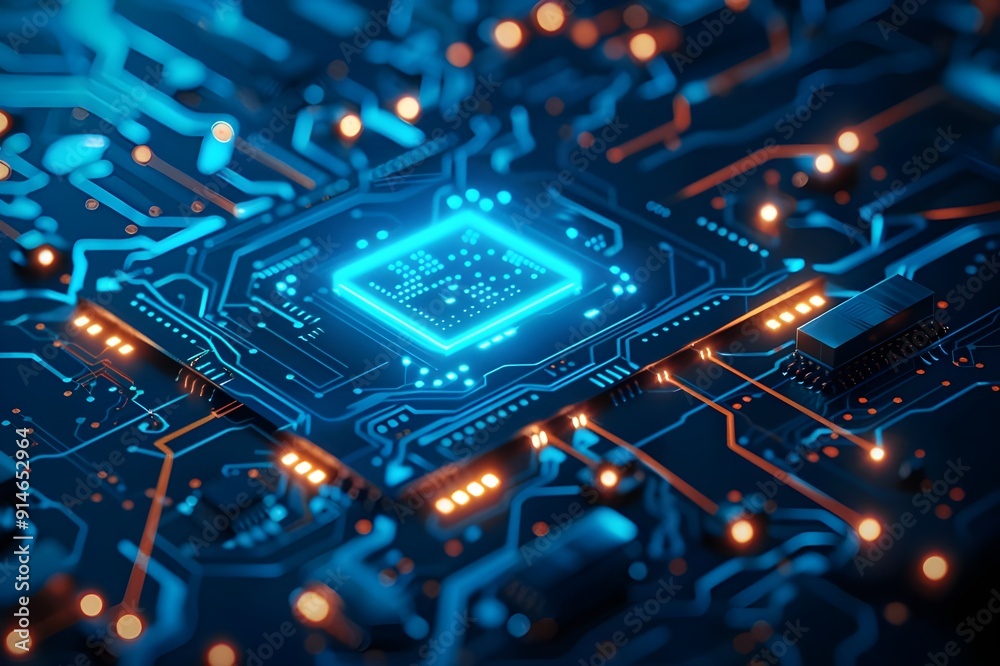 A blue circuit board with a chip glowing in the center, surrounded by various wires and connections. The background is dark and blurred to emphasize the central focus of the picture. A blue circuit board with a chip glowing in the center, surrounded by various wires and connections. The background is dark and blurred to emphasize the central focus of the picture.