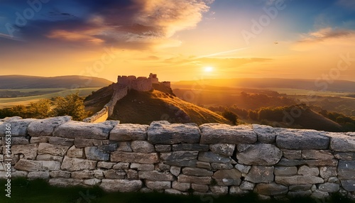 Panoramic view of ruins of medieval castle at sunset. Nature background and wallpaper photo