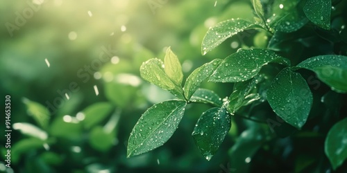 Close-up of a plant with water droplets glistening on its leaves, great for illustration or decoration