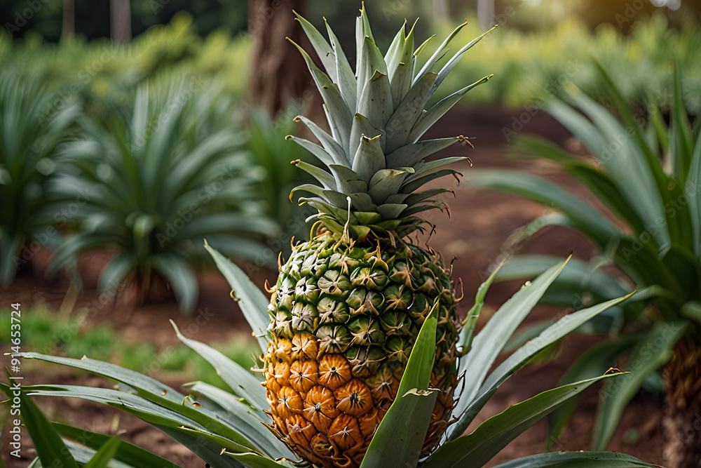  Fresh, organic pineapple with a blurred green farm backdrop