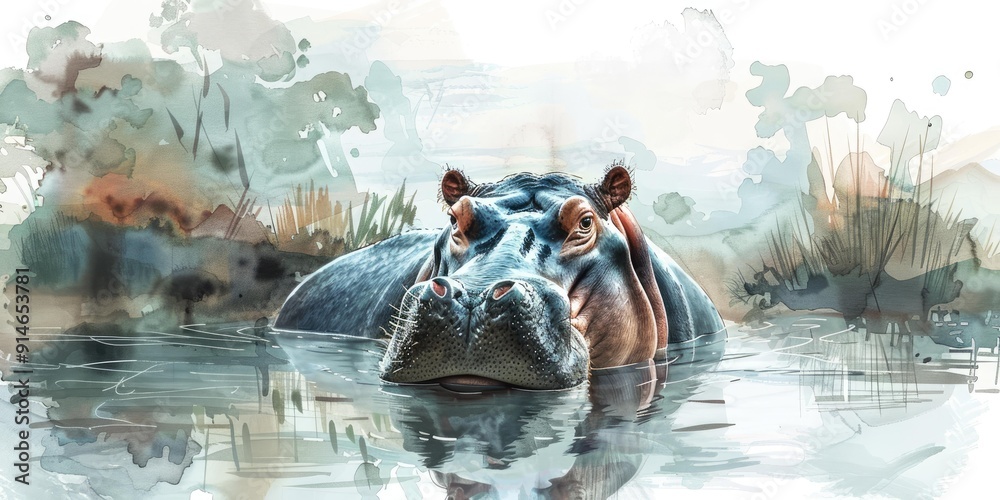 Fototapeta premium Watercolor painting of hippopotamus in water.