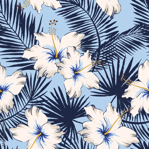Tropical hibiscus flowers, palm leaves silhouette, light blue background. Vector floral illustration. Seamless pattern. Exotic plants. Summer beach design. Paradise nature