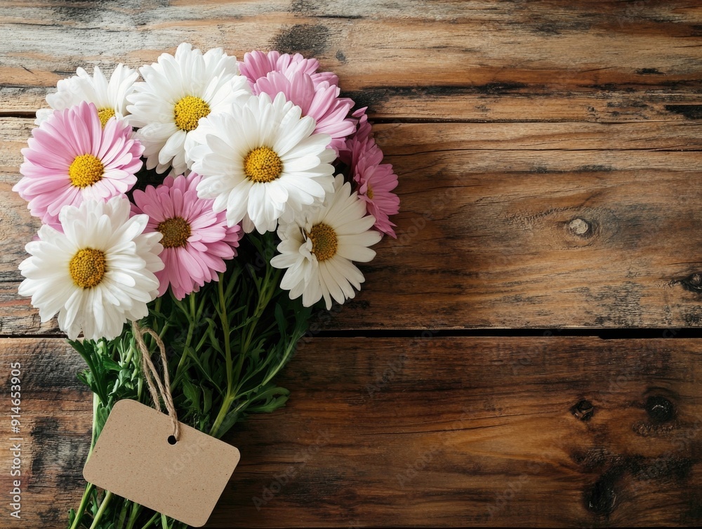 Obraz premium A bouquet of fresh white and pink flowers with a decorative tag attached