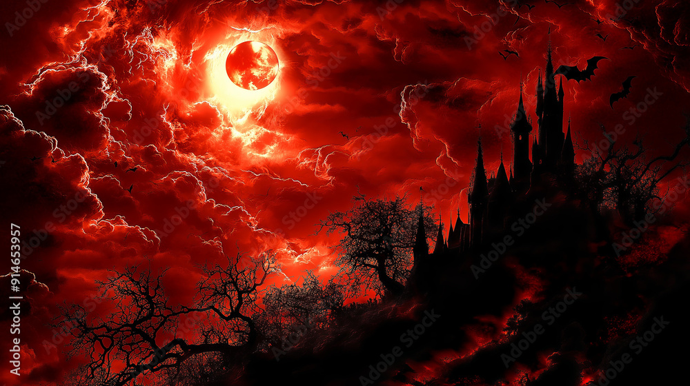 Dark castle silhouetted against a red sky with a blood moon, halloween.