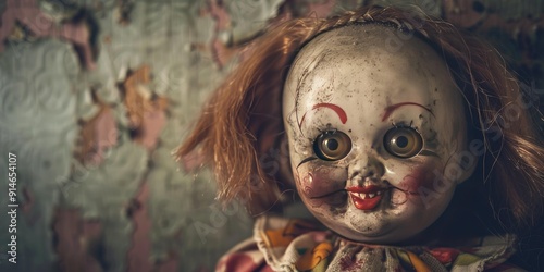 Creepy porcelain doll with red lips.