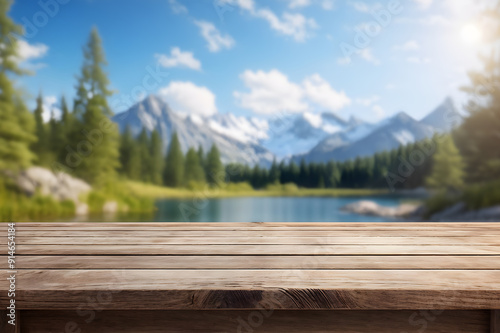 Wooden table overlooking a tranquil mountain lake