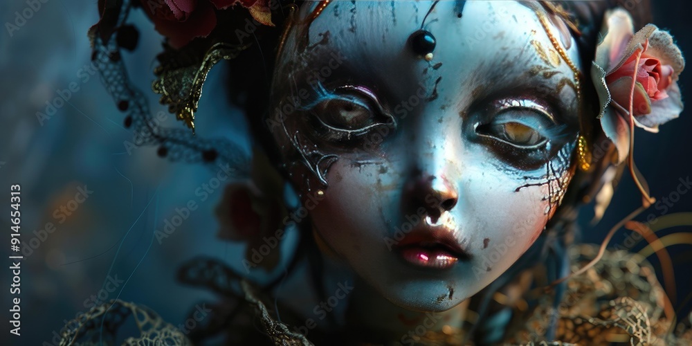 Close up portrait of a doll with intricate makeup. Close up portrait of a doll with intricate makeup.