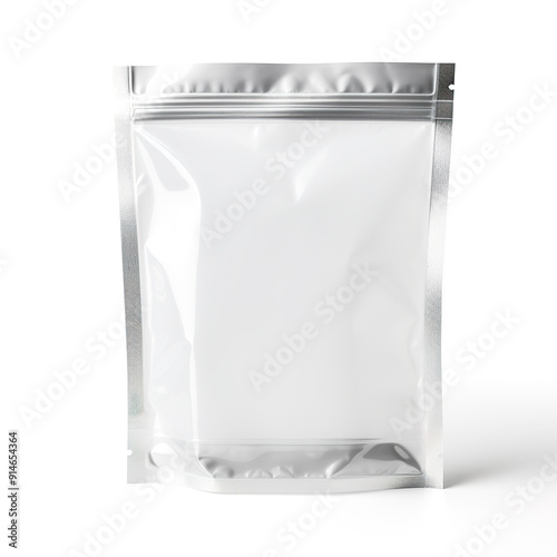 Blank White Stand-Up Pouch with Silver Sides. photo