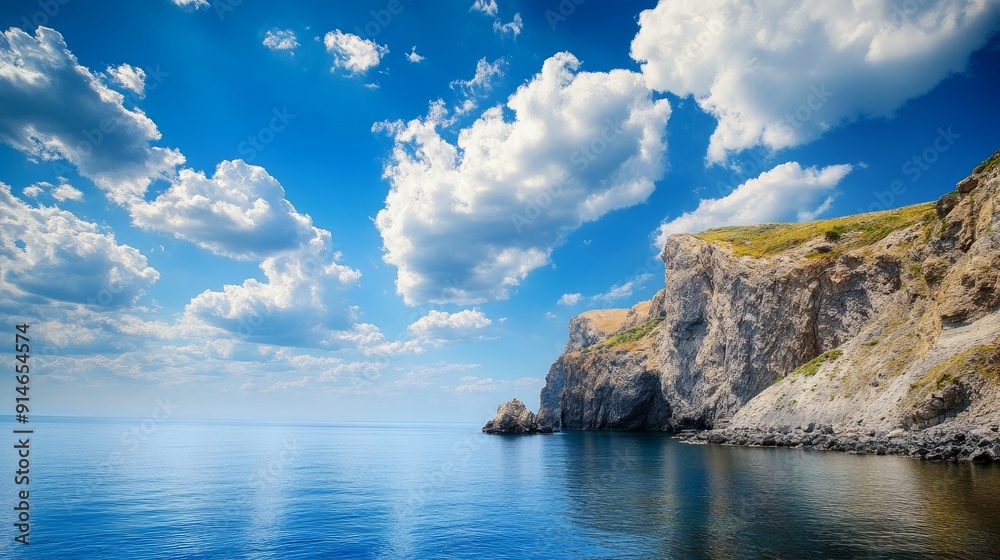 Gorgeous scenery featuring the sea, a rock, and lovely clouds in a clear blue sky Gorgeous scenery featuring the sea, a rock, and lovely clouds in a clear blue sky
