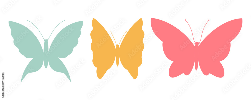 Fototapeta premium Set of multi-colored butterflies with open wings on a white background