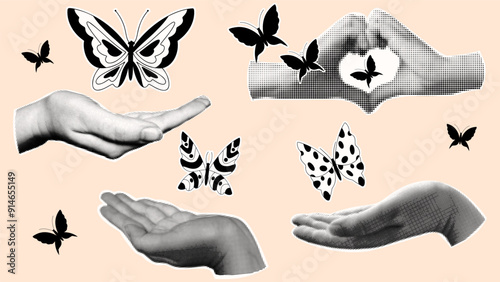Y2K black and white butterflies. Hand drawn vector stickers collection. Conceptual retro collage with hands.