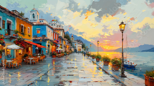 ancient town on island, impressionist palette knife oil painting, harbor under sunset or sunrise, architecture and landscape at dawn or dusk. Design for Wall Art, Poster Print, Wallpaper & Background