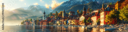 ancient town on island, impressionist palette knife oil painting, harbor under sunset or sunrise, architecture and landscape at dawn or dusk. Design for Wall Art, Poster Print, Wallpaper & Background