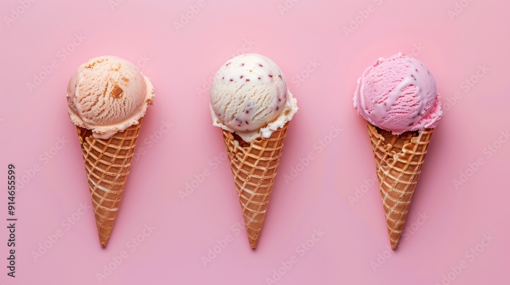 Three ice cream cones from above on pink background. Summer theme, flat lay, empty space. Three ice cream cones from above on pink background. Summer theme, flat lay, empty space.