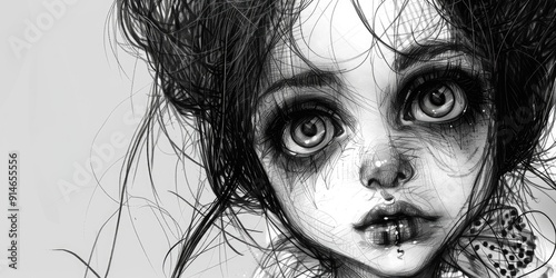 A black and white drawing of a woman's face.