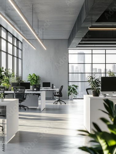 A typical modern office scene with multiple desks and greenery, suitable for commercial or educational settings