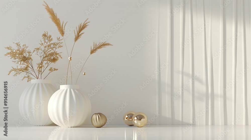 A pair of white vases rests on a table near a vase with greenery inside A pair of white vases rests on a table near a vase with greenery inside